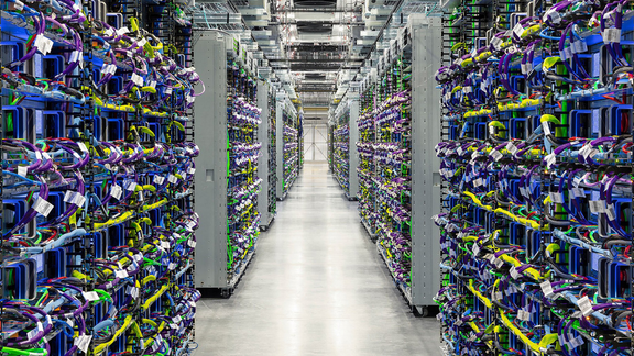 Schematic diagram of a data center with GPUs for training and inference