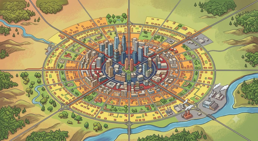 Diagram of monocentric city showing commuting patterns from residential areas to central workplace