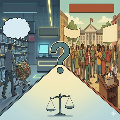 Diagram contrasting exit versus voice in consumer and political contexts